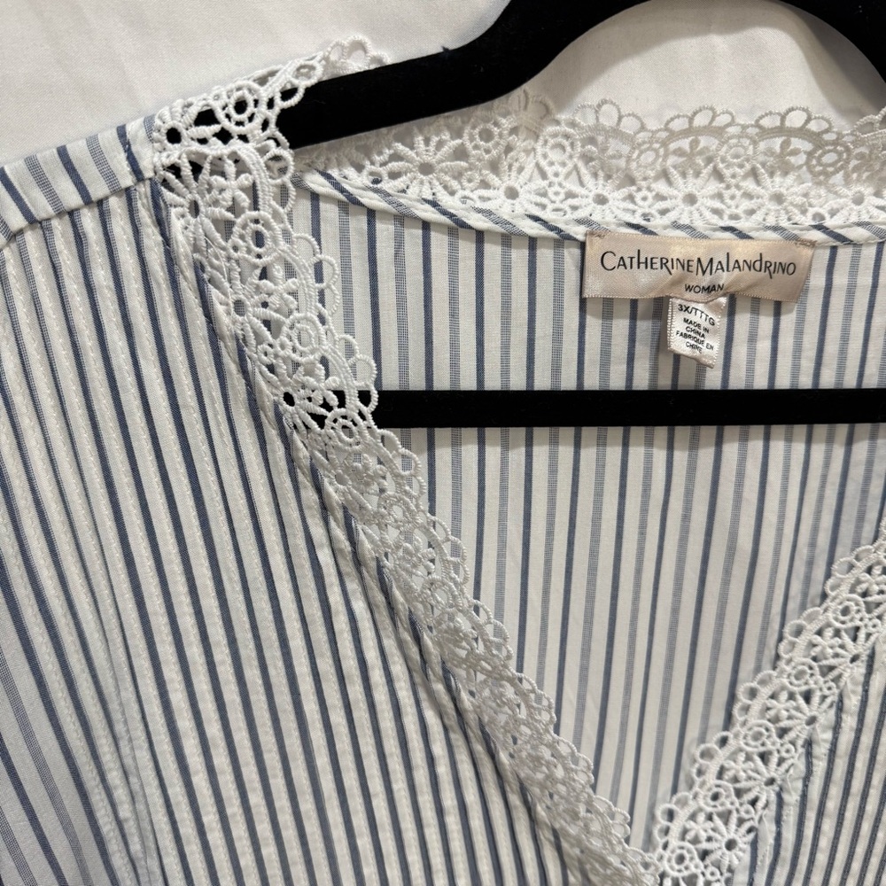 Catherine Malandrino 3X Striped Boho Blouse Lace Trim Top Cottagecore Coastal‎ - Picture 7 of 15